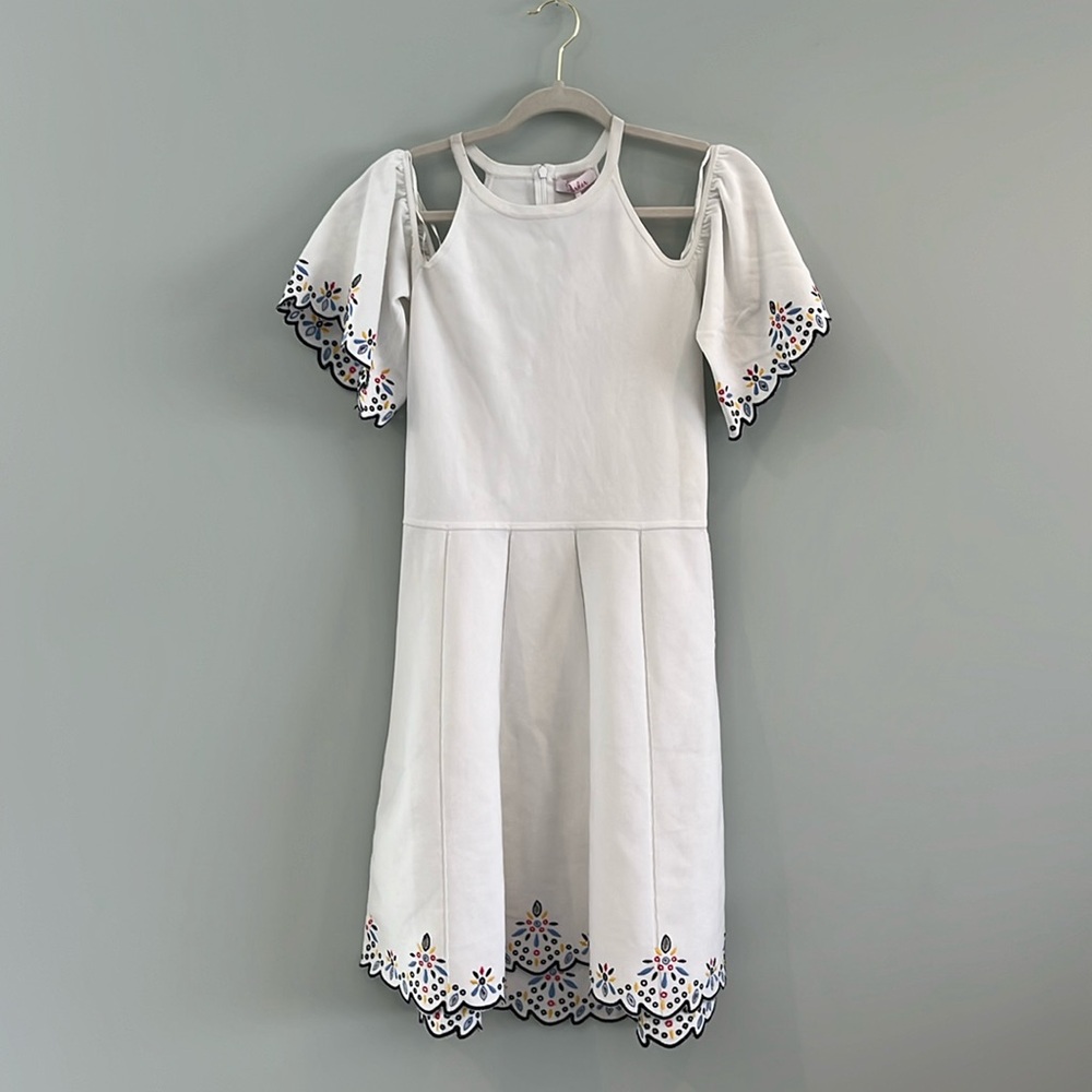 Parker dress, white, embroidered sleeves and embroidered bottom hem.
